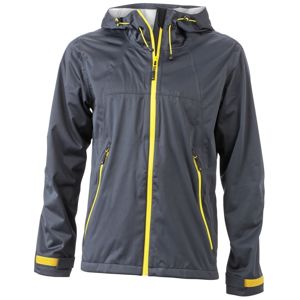James & Nicholson Pánska softshellová bunda s kapucňou JN1098 - Oceľovo šedá / žltá | XXL