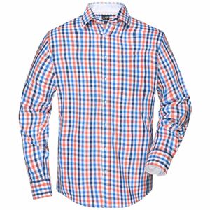 James & Nicholson Pánska kockovaná košeľa JN617 - Tmavě oranžová / modrá / oranžová / bílá | XL