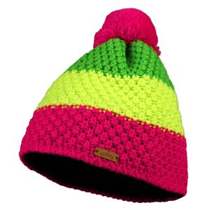 Bontis Trojfarebná pletená zimná čiapka s brmbolcom - Neónovo ružová / žltá / zelená | uni